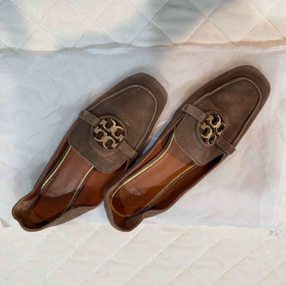 Tory Burch Taupe Suede Loafers with Gold Accent